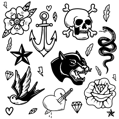 Set of tattoo design elements. Design element for poster, card, t shirt. Vector illustration