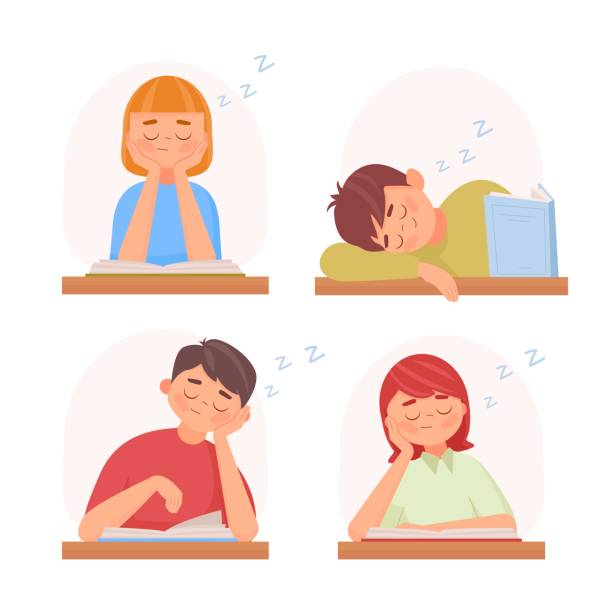 Kids boys and girls sleep with book in class Sleeping children at the study table. Cute Kids boys and girls sleep with book in class. Lazy pupils vector set. Flat vector cartoon style bored children stock illustrations