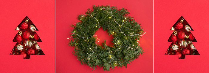 Christmas collage. Christmas ring or wreath with glowing garland and Christmas tree on the red background.