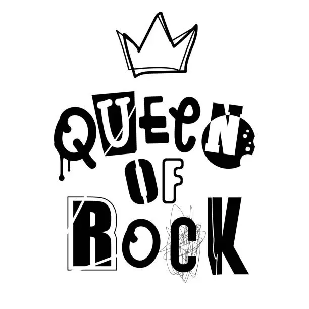 Vector illustration of Rock and Roll Queen is a hand-drawn lettering inscription. A crown in the style of a sketch, doodle. Punk, rock, anarchy