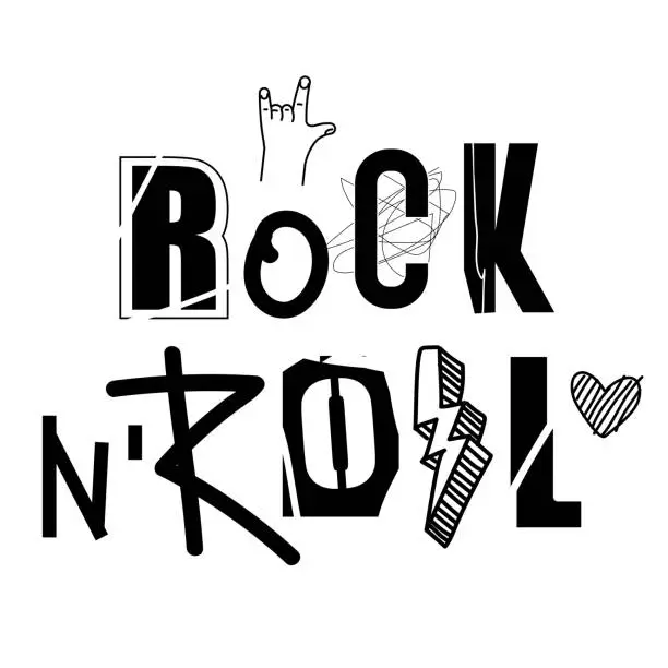 Vector illustration of Rock and roll is a hand-drawn lettering inscription. Letters sketch, doodle. Punk, rock, anarchy