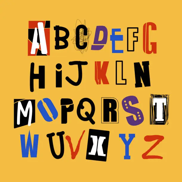 Vector illustration of Alphabet in punk style. Colored letters on a yellow background are hand-drawn. Lettering, newspaper clipping
