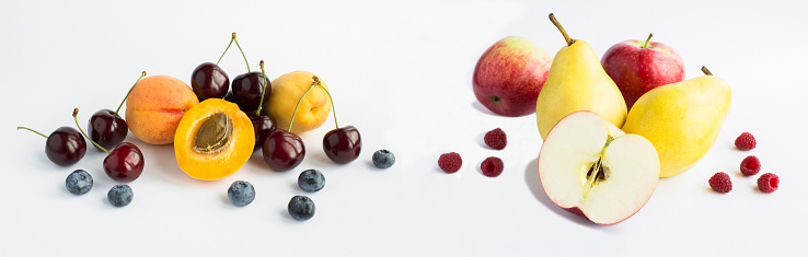 Banner. Close-up on fruit and berry on the white background.