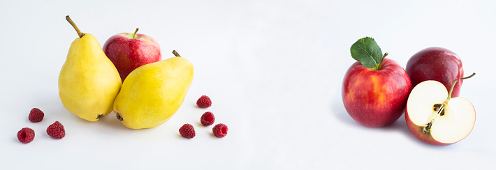 Banner. Close-up on fruit and berry on the white background. Copy space.