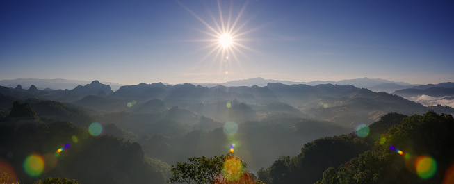 Beautiful aerial view Panorama landscape sunbeam with fog at morning, Baan jabo viewpoint. Mae Hong Son, Baan JABO one of the most amazing Mist in Thailand.