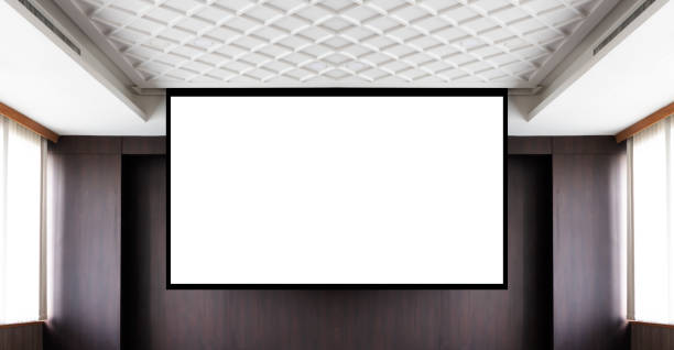 istock 3D render projector white screen background on stage in meeting room 1423862952
