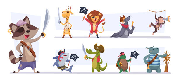 Pirate animals. Cute funny cartoon sailors animals in pirate costumes with weapons exact vector pictures set isolated Pirate animals. Cute funny cartoon sailors animals in pirate costumes with weapons exact vector pictures set isolated. Illustration of sailor shark and tortoise, alligator or lion funny fish cartoons stock illustrations