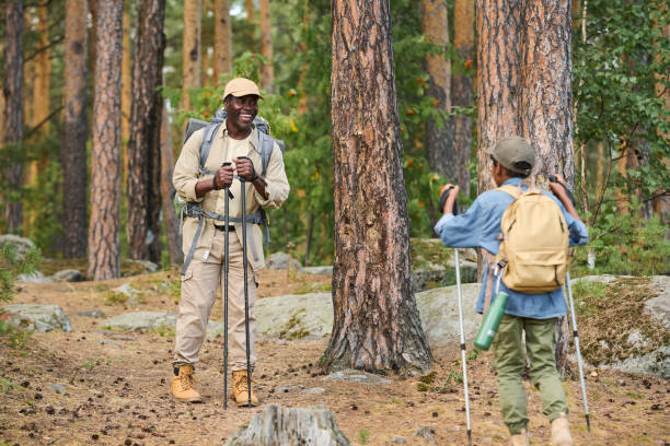 istock Happy senior man with trekking sticks standing on footpath in the forest 1423865716