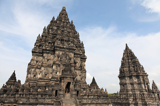 Low angle view of Prambanan Temple complex, Yogyakarta, Java, Indonesia.