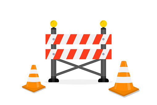Traffic Road barrier. Road closed, warning barrier. Flat vector illustrations for website under construction page. Warning and stop signs, roadwork, traffic barricade and cone. Safety barricade