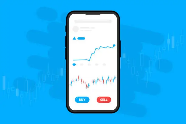 Vector illustration of Stock online trading with smartphone. Mobile phone in hand with world business graph or chart stock market. Candlestick chart on smartphone screen, business and investment, market analysis
