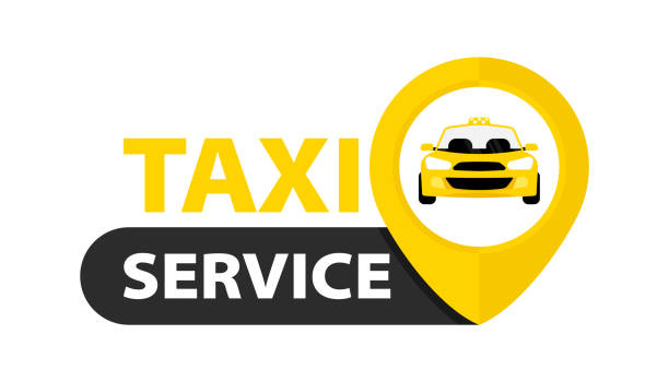 illustrazioni stock, clip art, cartoni animati e icone di tendenza di badge servizio taxi. puntatore della mappa dei taxi. icona vettoriale per aziende e pubblicità. progettazione del trasporto pubblico - taxi