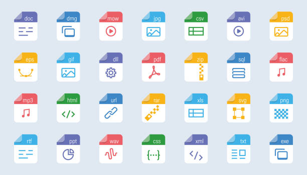 File type icon set. Popular files format and document in flat style design. Format and extension of documents. Set of graphic templates audio, video, image, system, archive, code and document file File type icon set. Popular files format and document in flat style design. Format and extension of documents. Set of graphic templates audio, video, image, system, archive, code and document file cascading style sheets photos stock illustrations