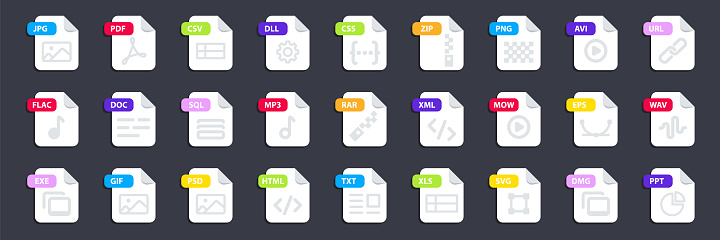 File type icon set. Popular files format and document in flat style design. Format and extension of documents. Set of graphic templates audio, video, image, system, archive, code and document file