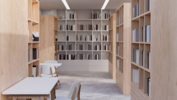 istock Comfortable minimal campus library or school library interior design with wood bookshelves 1423868218