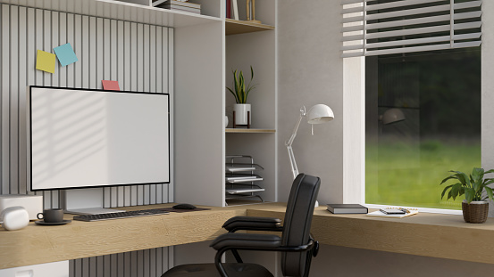 Desktop Computer Layout Design Modern Comfortable Office Workplace Interior Design With Pc Desktop ...