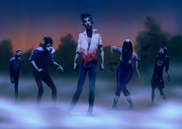 istock Digital painting of walking zombies 1423872472