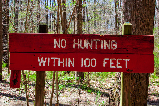 Wooden red, No Hunting within 100 feet sign in the forest.