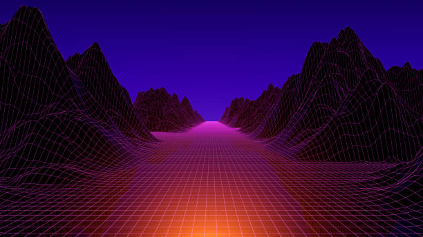 istock 3d neon futuristic landscape with grid and mountains. Synthwave, cyberpunk, 80s game concept background. 1423877940
