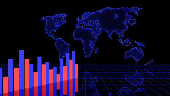 3d graph of the growth and fall of the global market against the background of a neon map of the world. Economy, business, profit, money, finance concept.