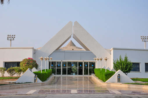 Doha, Qatar - February 2019: Entrance gate to the artificial Pearl island area