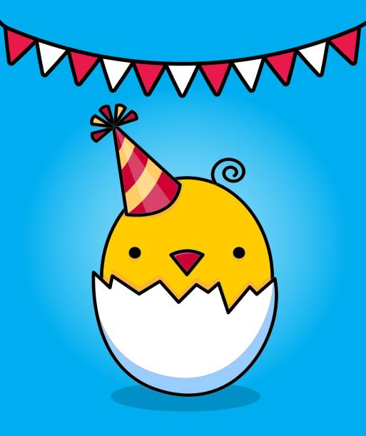 Birthday card. Yellow chicken in a shell. Children's print. Vector illustration Birthday card. Yellow chicken in a shell. Children's print. Vector illustration. birthday and invitation card animal background with chicken stock illustrations