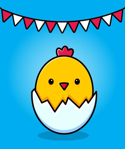 Birthday card. Yellow chicken in a shell. Children's print. Vector illustration Birthday card. Yellow chicken in a shell. Children's print. Vector illustration. birthday and invitation card animal background with chicken stock illustrations