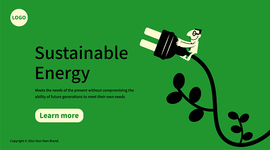 Characters Design Vector Art Illustration.
Slide or landing page layout.
In the concept of sustainable energy and environmental protection, a businessman shows a big electric plug.