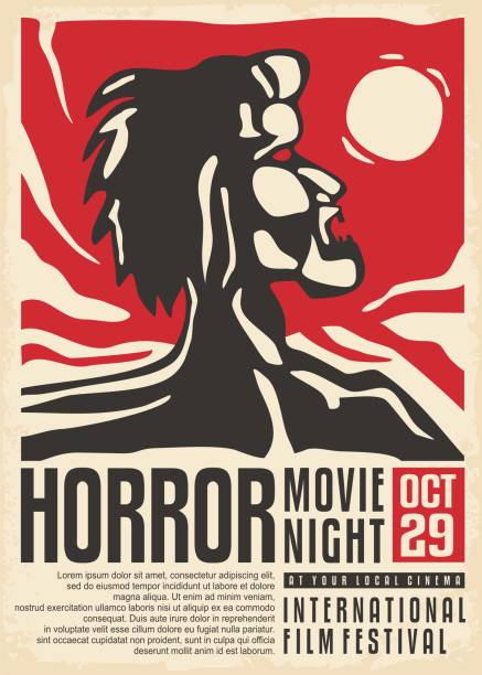 ilustraciones, imágenes clip art, dibujos animados e iconos de stock de concepto de diseño de carteles de festivales de películas de terror con monstruos aterradores - horror monster spooky movie