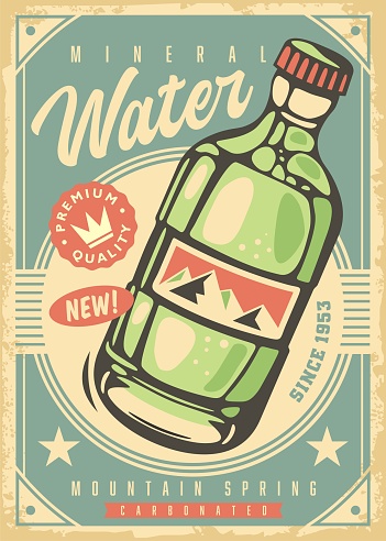 Mineral water retro poster with water bottle. Drinks vector graphic.