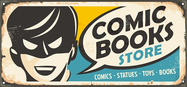 Retro sign shop for comic books store with masked hero portrait. Vintage comic style advertisement. Vector drawing.