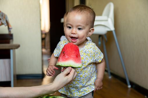 Closeup of toddler girl biting a slice of watermelon