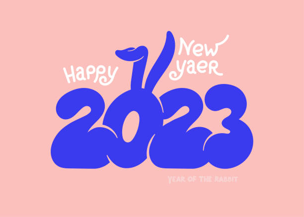 Happy New Year 2023, group of cute blue funny numbers 2023 lettering. Number zero with bunny ears. Cute wildlife animal cartoon drawing. Kids vector illustration isolated on pink background. Happy New Year 2023, group of cute blue funny numbers 2023 lettering. Number zero with bunny ears. Cute wildlife animal cartoon drawing. Kids vector illustration isolated on pink background. new years baby stock illustrations