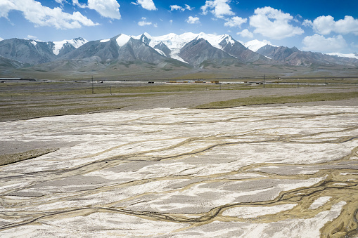 Aerial view of dried riverbed towards Kunlun Mountains,besides the National Road 109
