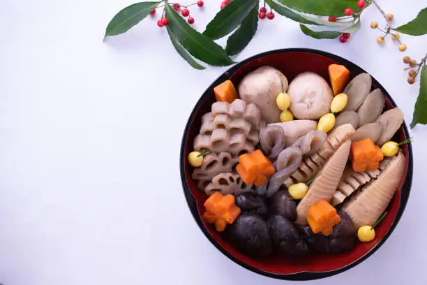 Nishime, one of the traditional Japanese New Year dishes (Osechi) to celebrate the beginning of New Year.