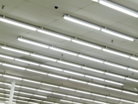 Rows of fluorescent lights on ceiling of discount store