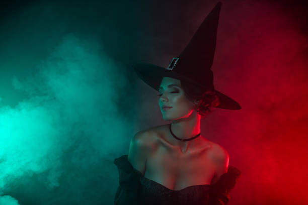 istock Photo of gorgeous lady warlock enjoying midnight evil masquerade isolated on light gradient color background 1423918096