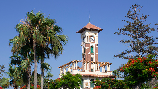 Worth Avenue Clock Tower on Worth Avenue, Palm Beach, Florida in the Spring of 2020 during the COVID-19 pandemic. No people due to beach closures & stay home order.