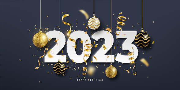 2023 Happy new year vector background. Holiday greeting card design with big white paper numbers, golden confetti, balls hanging gold string on dark backdrop. Luxury decoration winter celebration.