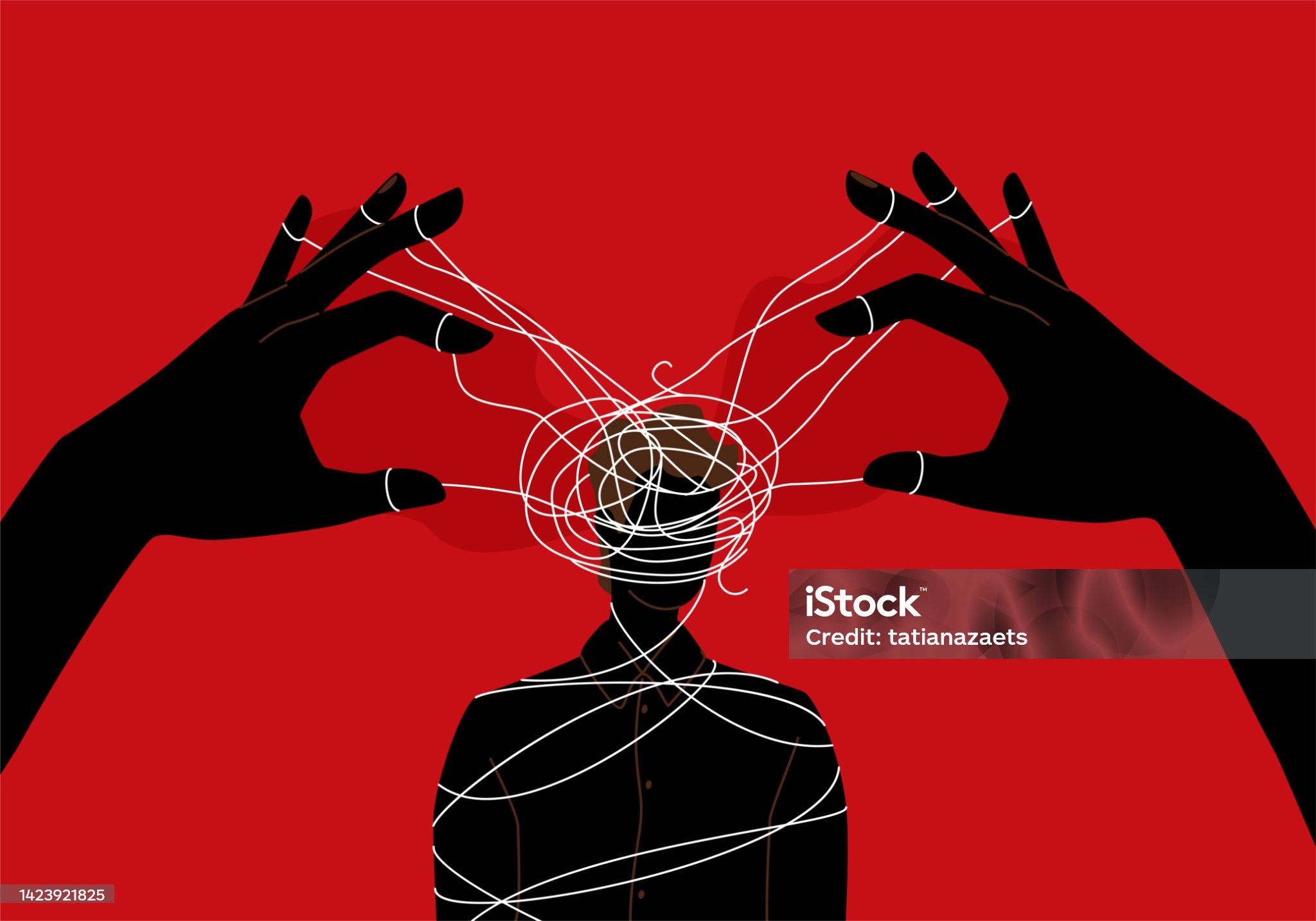 Illustration vectorielle du concept de manipulateur. Les mains de maître de marionnette manipulent l’esprit de l’homme, la silhouette. Contexte d’exploitation de domination. Cordes de contrôle mental