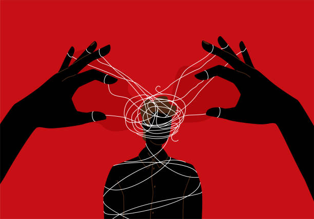 ilustracja wektorowa koncepcji manipulatora. ręce mistrza marionetek manipulują umysłem człowieka, sylwetką. tło eksploatacji dominacji. mentalne liny kontrolne - chaos stock illustrations