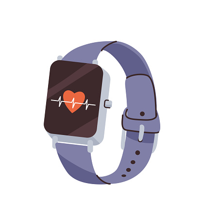 Smart watch, fitness tracker vector illustration with heart rate monitor, in simple line trendy flat cartoon style design. Modern stylish wearable technology device.