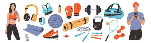 illustrations, cliparts, dessins animés et icônes de équipement sportif, collection d’accessoires de gym, homme athlétique, femme prenant une seifie. haltère, ballon de fitness, gants de boxe, tapis de yoga, sac, vêtements de sport pour l’entraînement. elments d’entraînement dans un style plat mo - yoga ball