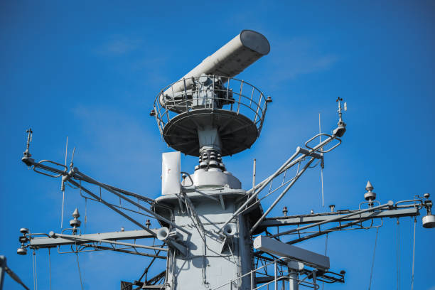 istock Military radar air surveillance on navy ship 1423926779