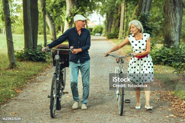 Senior Couple With Bicycles At Public Park And Looking Behind Stock Photo - Download Image Now