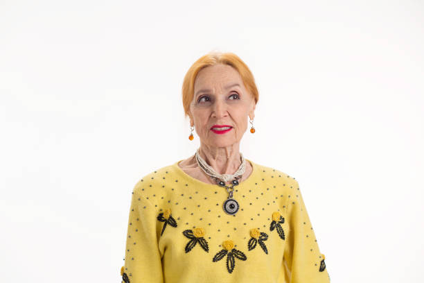 Old woman on white background.