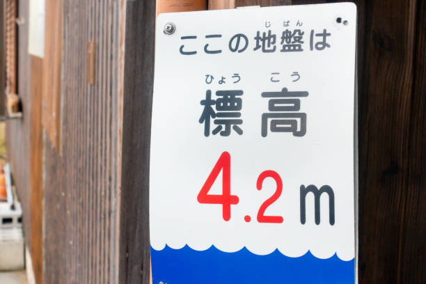 istock A picture of a sign indicating altitude. Tsunami measures. Evacuation. 1423929366