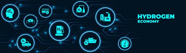 istock Hydrogen economy vector illustration. Concept with connected icons related to hydrogen use as fuel, in industrial processes, hydrogen storage and transport 1423929947
