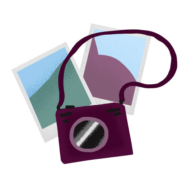 istock Cute children's fabulous cartoon camera and some photos. 1423931575