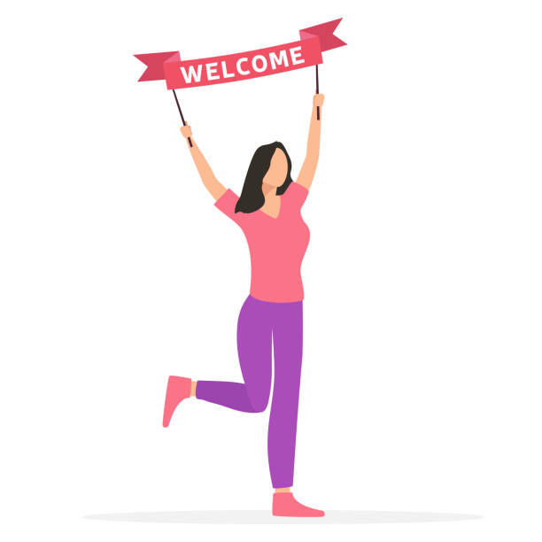 Woman with banner welcome. Girl take welcome ribbon. Vector illustration Woman with banner welcome. Girl take welcome ribbon. Vector illustration i cant breathe stock illustrations